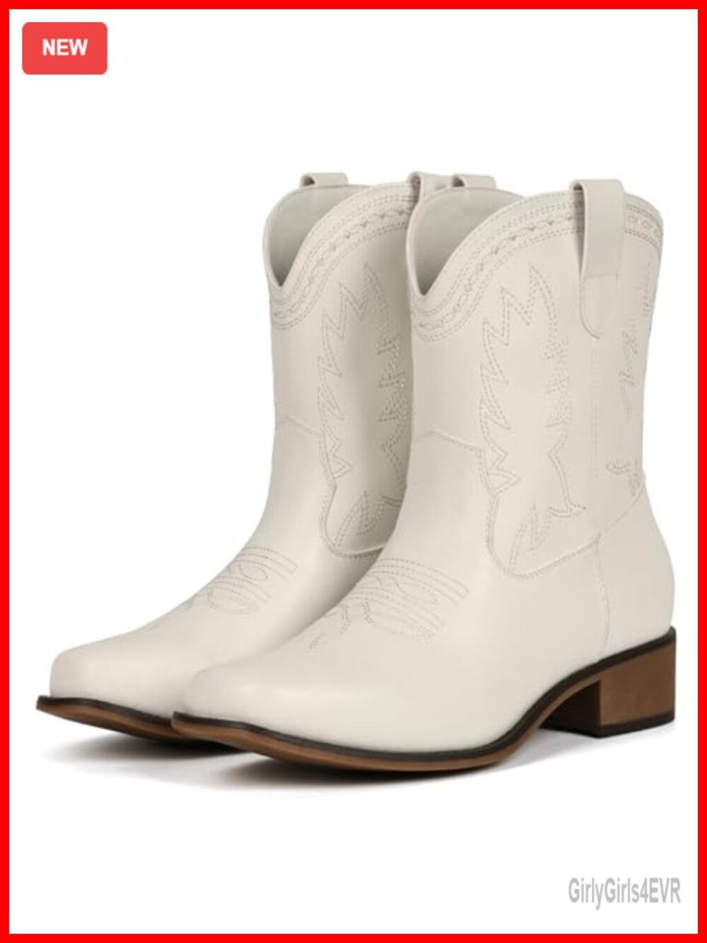 IUV Women's Square Toe Faux Leather Western Ankle Boots Pull-On Low Heel